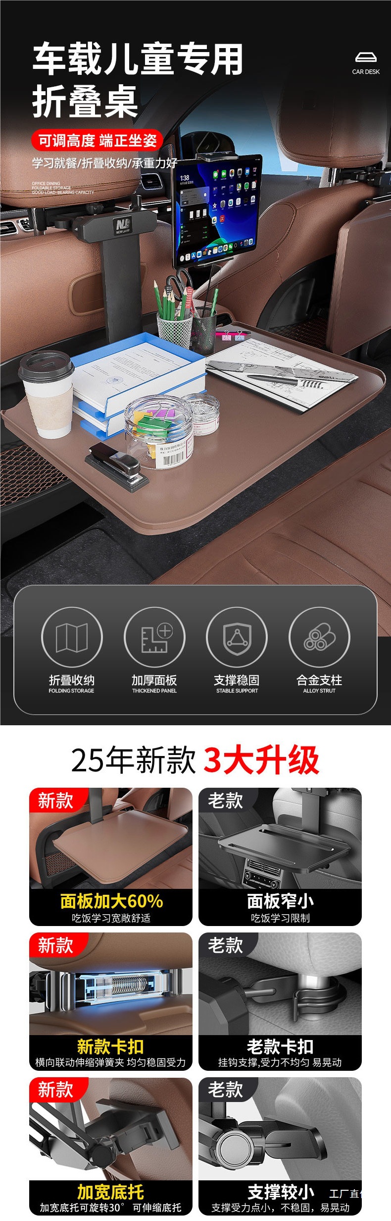 Children's Car Seat Folding Table for Back Seat, Car Folding Study and Homework Tool, In-Car Dining Table