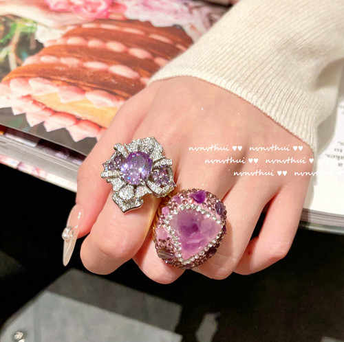 Uruguayan purple flower gemstone ring vintage 18K gold plated Tanzanite amethyst zircon ring necklace