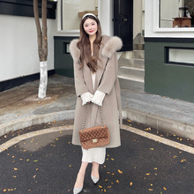 羊毛白色狐狸毛领连帽双面呢外套女系带羊绒大衣法式慵懒秋冬新款