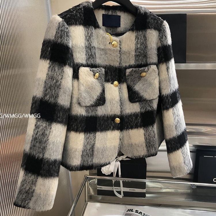 2025 New Winter Retro Plaid Woolen Outwear Round Neck Woolen Outwear Short Style for Women