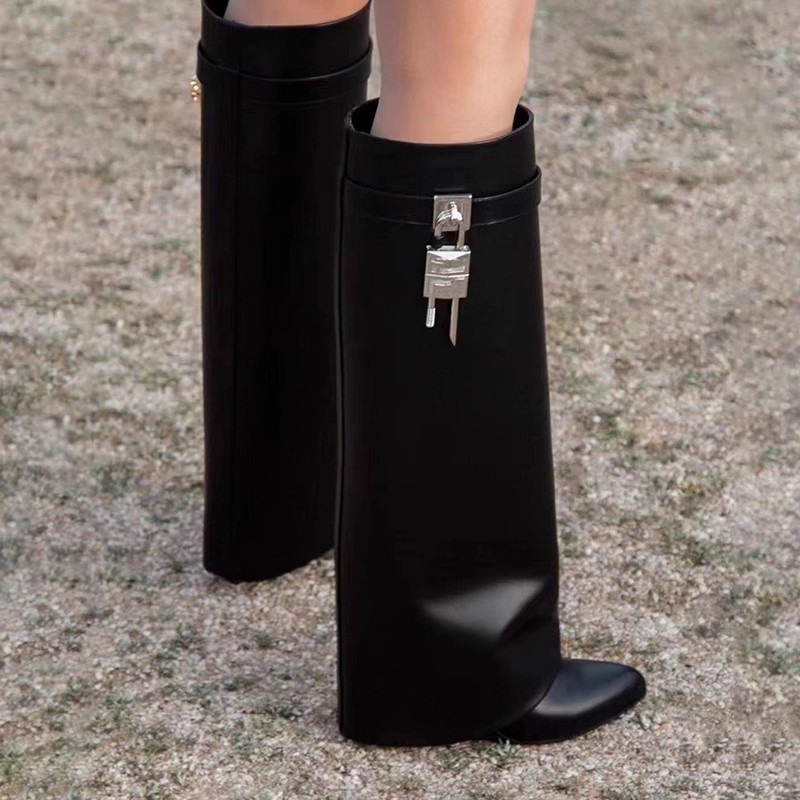 Long Boots with Metal Buckle, Foreign Trade Women's High Tube Boots, Wedge Heel Riding Boots, Height-Increasing Large Size Women's Long Boots