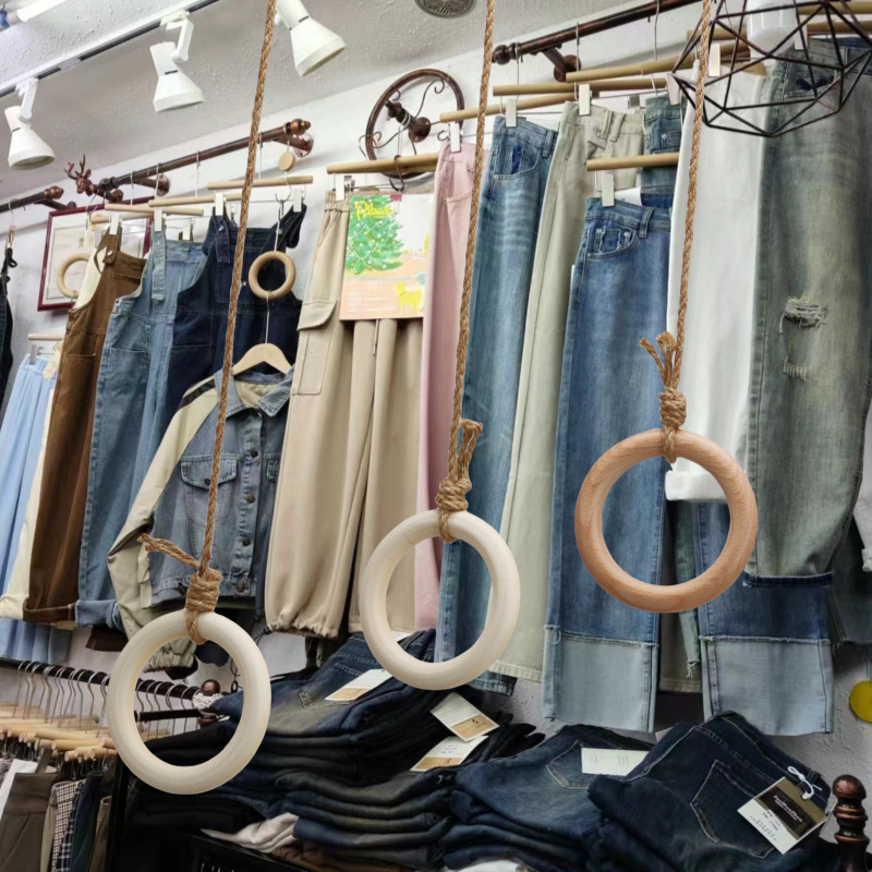 麻绳实木大圆圈复古做旧服装店展示架店铺装修实木 麻绳吊环吊架