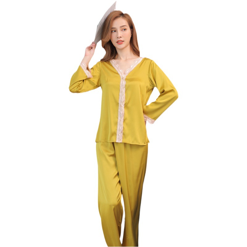 Pijamas de seda madura de manga larga europeos y americanos encaje sexy primavera y otoño ropa para el hogar de las mujeres más traje de pijamas de tamaño al por mayor