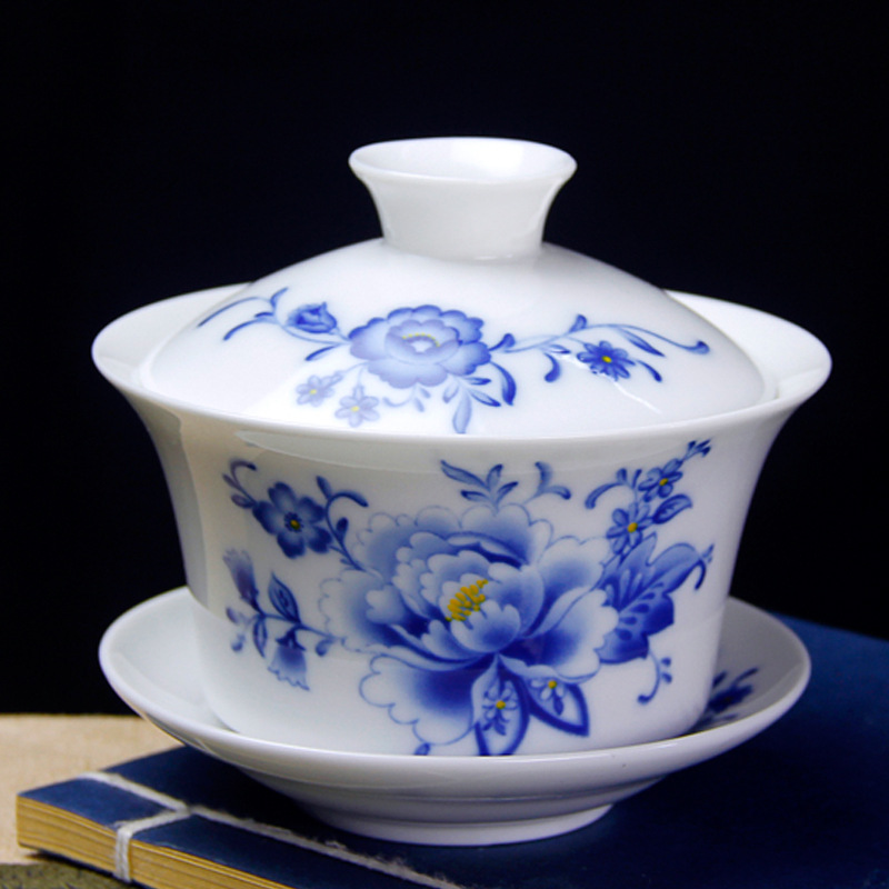 陶瓷蓋碗牡丹雪景花面三才泡茶碗批發定制商務禮品可加印logo瓷