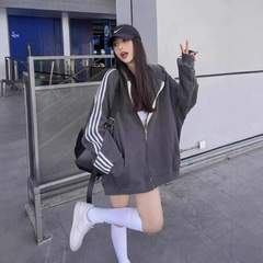 中长款连帽拉链卫衣外套女春秋宽松bf慵懒风vintage运动上衣潮ins