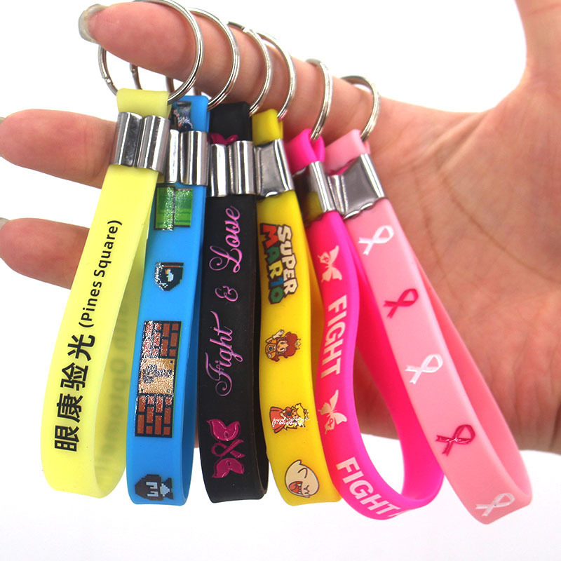 Wholesale Customized Silicone Bracelet Keychain Printed Logo Concave and Convex Lettering Advertising Gift Rubber Keychain Wristband