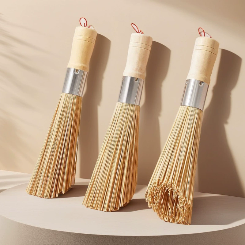 Бамбуковая щетка жирная и длинная, наклонная щетка сковорода не окрашена в масляный стальной круг
