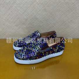 cl andgz红底鞋彩色牛皮蛇纹低帮一脚蹬男鞋乐福休闲板鞋女鞋情侣