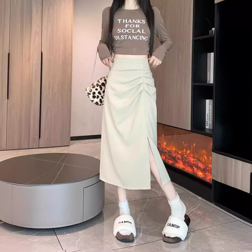 Women's Summer New High-Waisted Medium-Length Pleated Side-Slit French Hepburn Style A-Line Bodycon One-Step Skirt