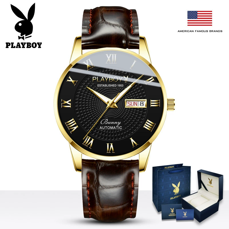 Часы Playboy, механические часы, швейцарские часы, мужские часы, полностью автоматические, натуральная кожа