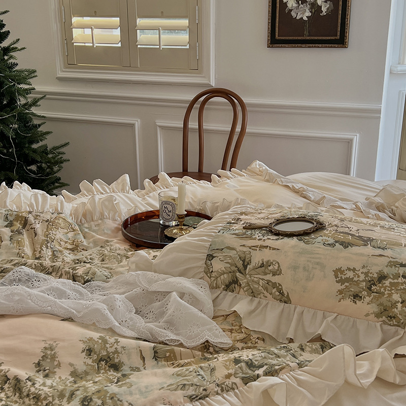 Nordic Vintage Four Piece Bedding Set Pure Cotton Princess Style_voghion.com