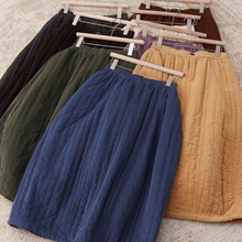 日系 纯色绗棉细坑条灯芯绒半身裙复古百搭宽松A字冬半身裙伞裙