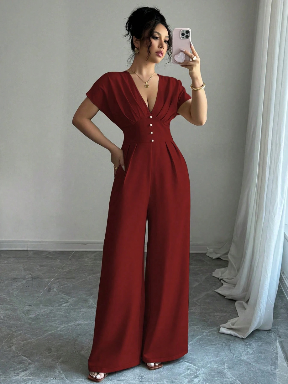 Exportación de comercio exterior 2026 nuevo estilo europeo y americano transfronterizo temperamento elegante de mujer cuello en V manga corta cintura amplia pierna junk