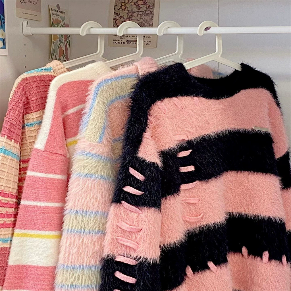 Осенне-зимний новый трикотаж в консервативном стиле для женщин 2024 года, свободный утягивающий повседневный топ в полоску в корейском стиле, трикотаж с длинными рукавами