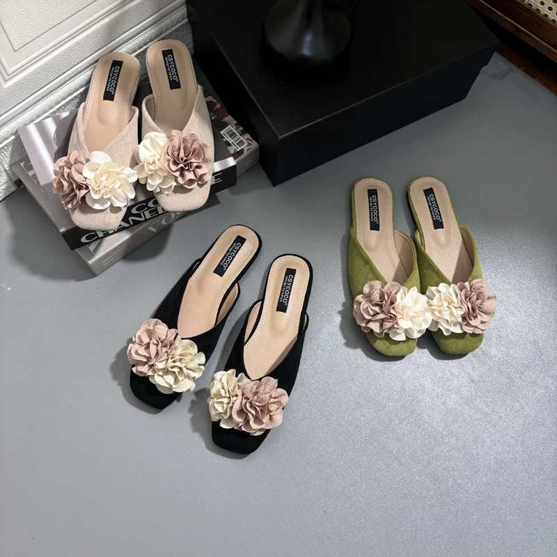 Женские шлепанцы 2025 года, французский цветочный стиль, удобные полусандалии, корейский стиль, замшевые балетки, квадратный носок, низкий каблук.