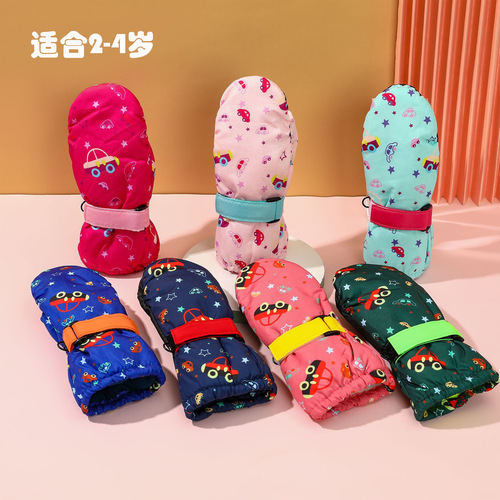 Children's Ski Gloves with Fun Print, Unisex Waterproof Windproof Warm Snow Play Mittens, Cute Ski Gloves
