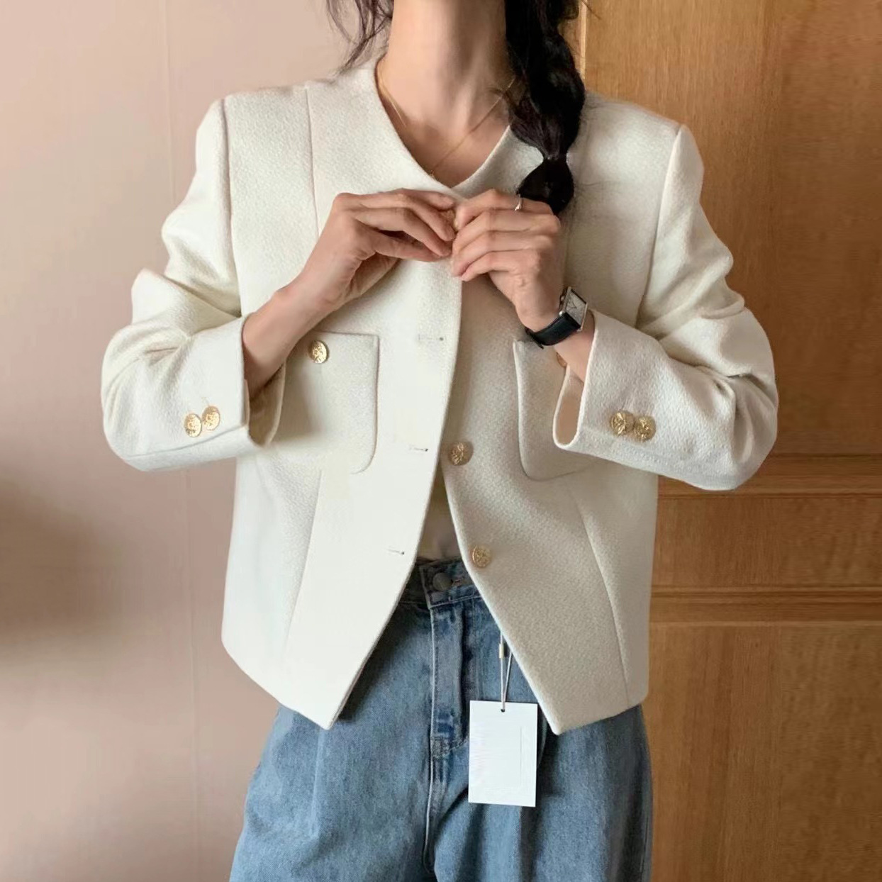 韩国INS秋季新款韩系清新苹果绿小香风甜美单排扣粗花呢短外套女