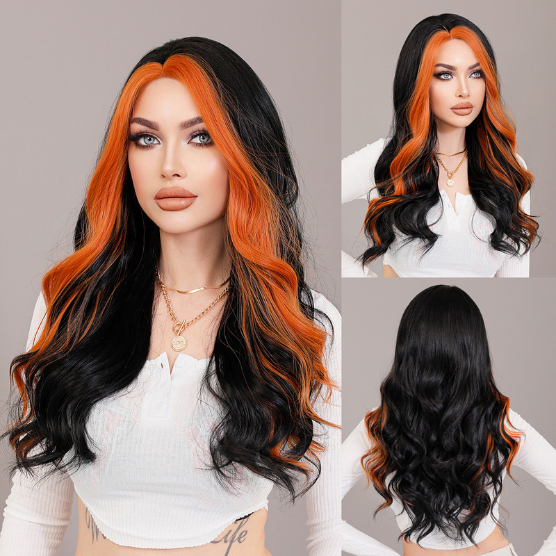 Small Lace Asian Highlighted Orange Long Curly Hair Big Wave Middle Parted Wig Natural Hair Seam Wig Female Full Headgear