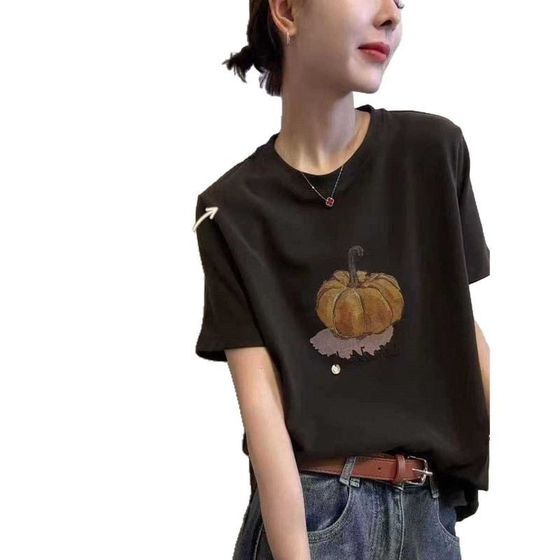 欧洲站2025早秋新款圆领油画南瓜图案小众打底短袖棉T恤上衣女潮|undefined