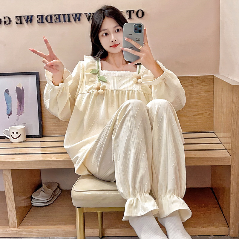 가슴 패드와 잠옷 여성의 봄과 가을 새로운 자카드 코튼 긴 소매 바지 귀여운 공주 스타일 여성 홈 의류 세트