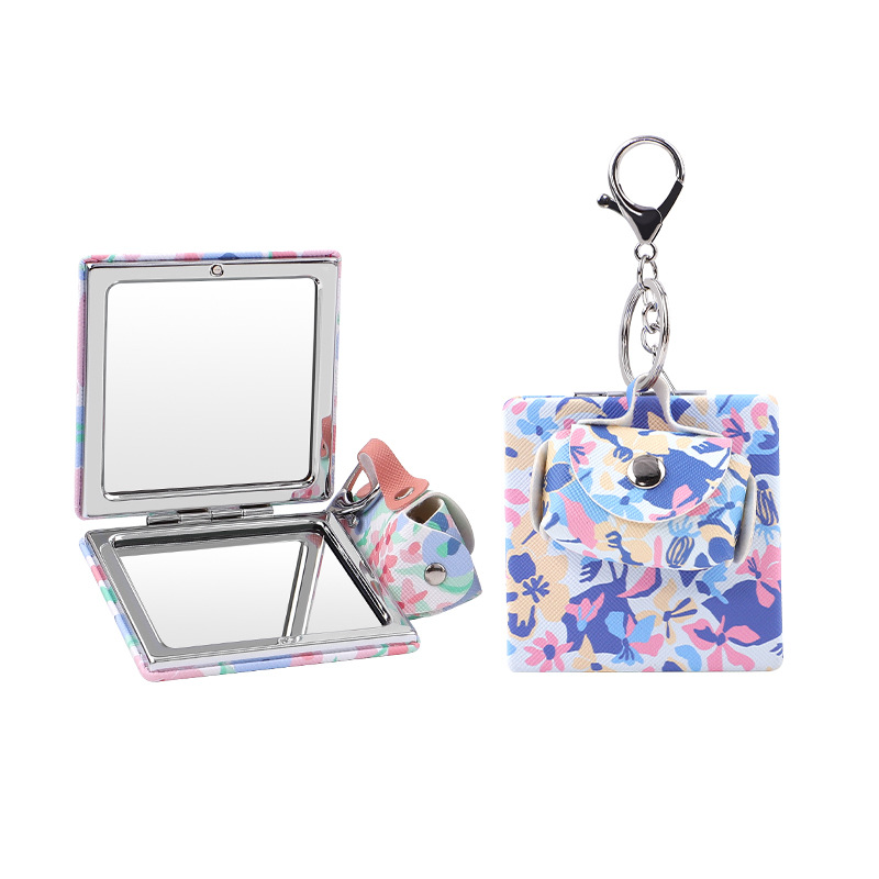 Espejo plegable cuadrado de dos caras más bolsa de cambio colgante conjunto de bolsa colgante espejo llavero para dibujo personalizado impresión de patrón de cruz