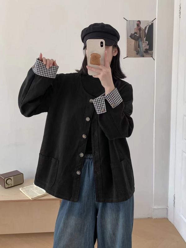 82411洋气圆领格纹拼接开衫休闲外套 女简约2025秋装新款显瘦上衣|undefined