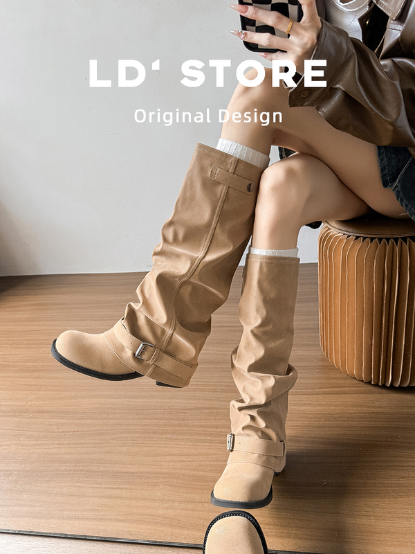Western Cowboy Long Boots for Women 2026 Autumn New Vintage Pleated Stacked Boots with Hidden Heels Riding Boots