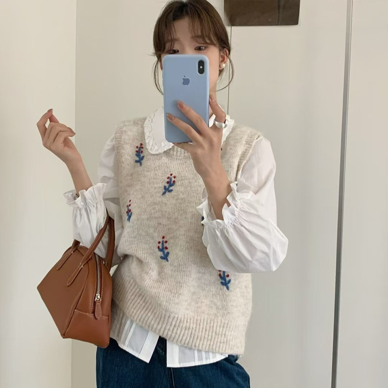 "Blue Style" Autum Work Clothing Wear Blue Long-Sleeved Shirt Women's Layered Knitted Vest 6377