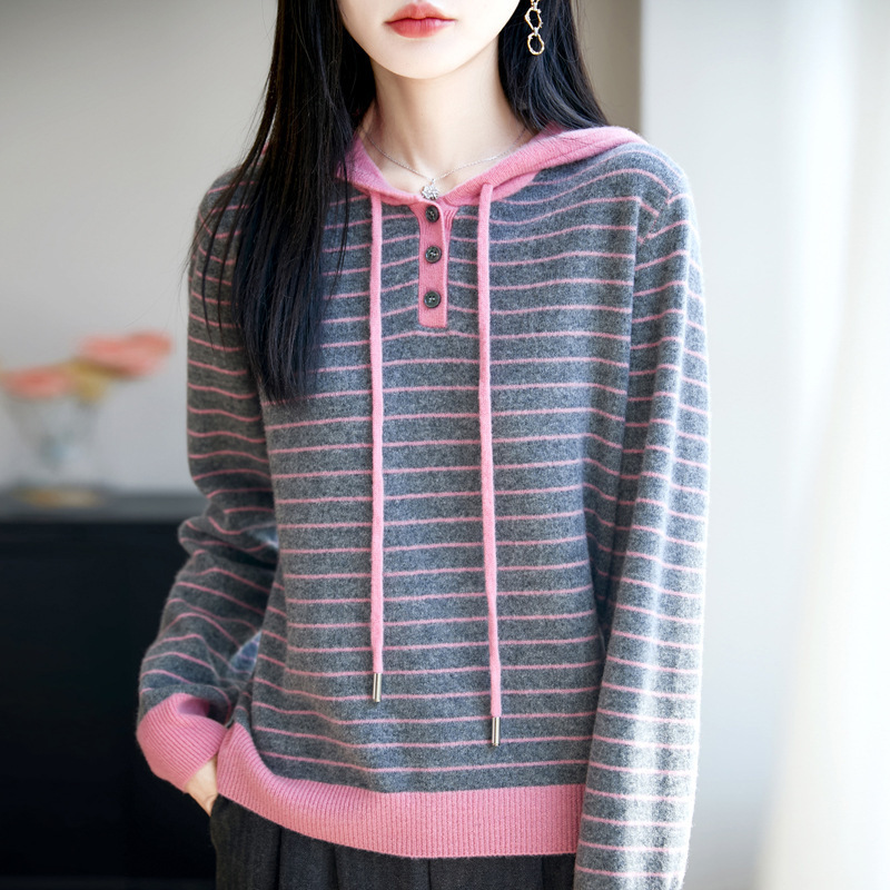 2025秋冬新款100羊毛衫女式宽松连帽撞色条纹卫衣打底针织衫毛衣|undefined