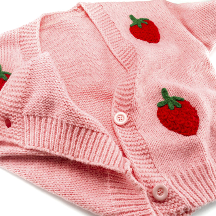 European and American Style Autumn and Winter New Handmade Embroidered Sweater for Women, Fashionable Design with Strawberry Pattern, Long-Sleeve Cardigan Knitwear