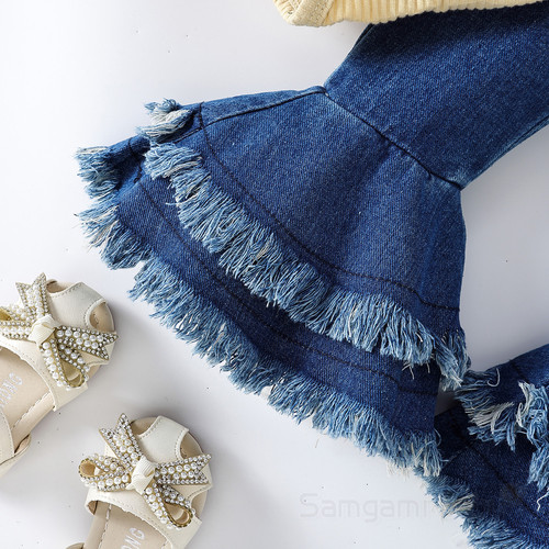 Cross-border Kids' Clothing  Summer Baby & Toddler Jumpsuit Romper Set with Lace Trim, Plus Denim Flared Pants for Girls