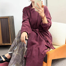 亚麻净色秋冬新款女装长袖文艺范西装领长款外套显瘦女式气质风衣