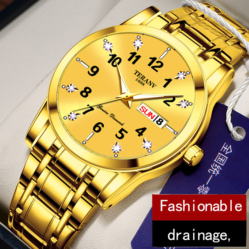 Men's solid with double calendar luminous watch men's watch waterproof alloy steel band fashion business gift watch