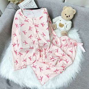 2025 Spring and Autum New V Neck Threaded Ice Silk Pajamas, Sweet and Cute Women's Long-Sleeved Pants Home Wear Set