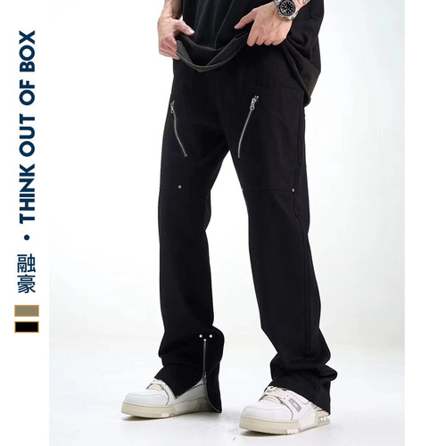 新款小众设计感休闲工装裤男士高街暗黑风拉链黑色微喇叭长裤