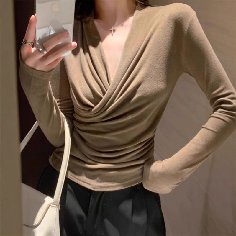 黑色打底衫女秋季高级感内搭修身长袖t恤法式掐腰v领交叉气质上衣|undefined