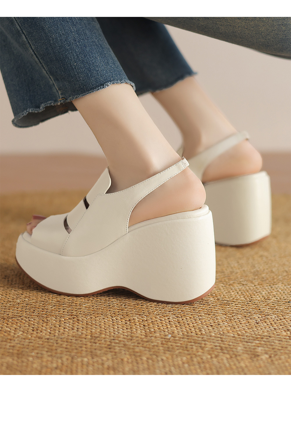 Sandal nữ đế xuồng cao gót da thật phong cách La Mã, gót 9 cm — đen, Màu trắng nhạt chi tiết 12