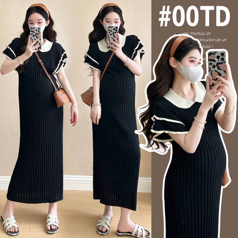 Internet Popular Maternity Dress dress 2025 Summer Thin Slim-Fit Slimming Double Side Lotus Leaf Sleeve Exquisite Pregnant Mother Knitted Dress