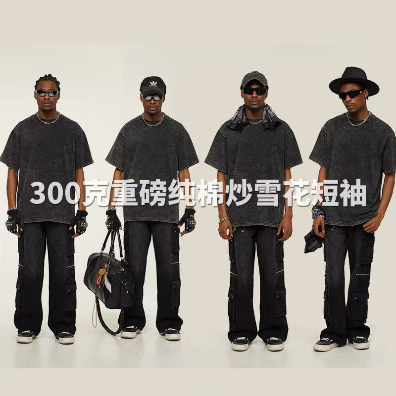 Europa y los Estados Unidos 300G pesado cuello redondo hombro caído camiseta de manga corta para hombres Europa y los Estados Unidos marca de moda de gran tamaño retro lavado con agua hacer camiseta vieja