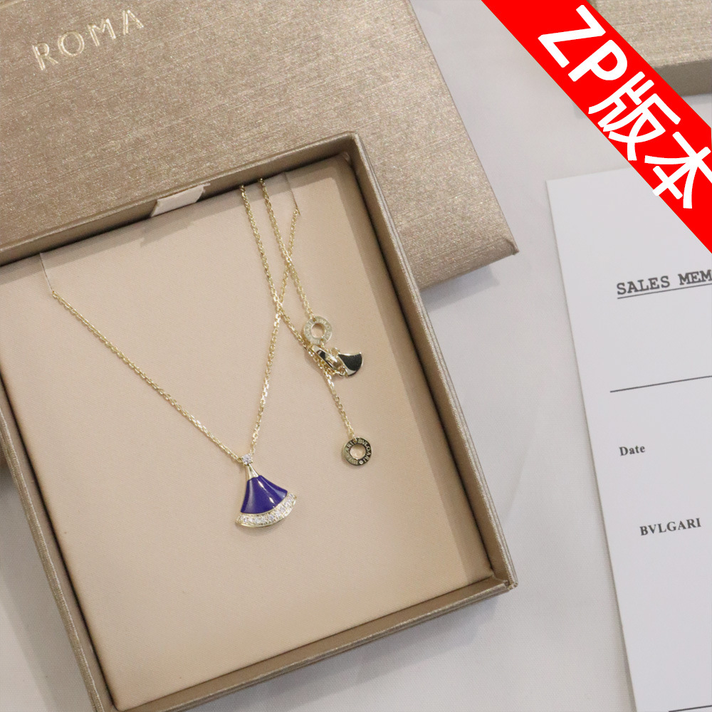 正确版新款蓝色小裙子项链女s925银镀18k玫瑰金蓝宝石扇子项链女