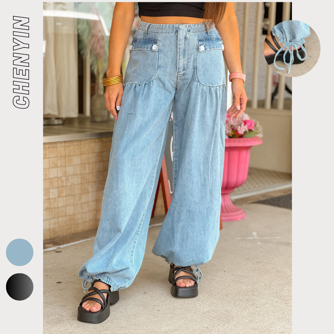 Ins New European and American Women's Spring and Summer Trousers-Buckle Multi-Pocket Leg Lace-Up Flared Pants Denim Pants