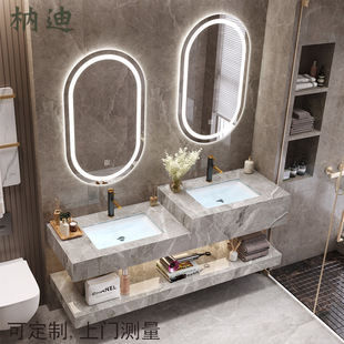 轻奢智能浴室柜组合岩板双盆高低台洗手盆落地式亲子洗脸盆柜实木-阿里巴巴