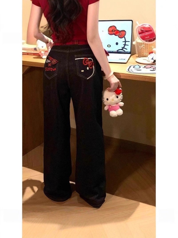小众辣妹kitty猫刺绣格子拼接牛仔裤女休闲宽松直筒阔腿工装裤|undefined