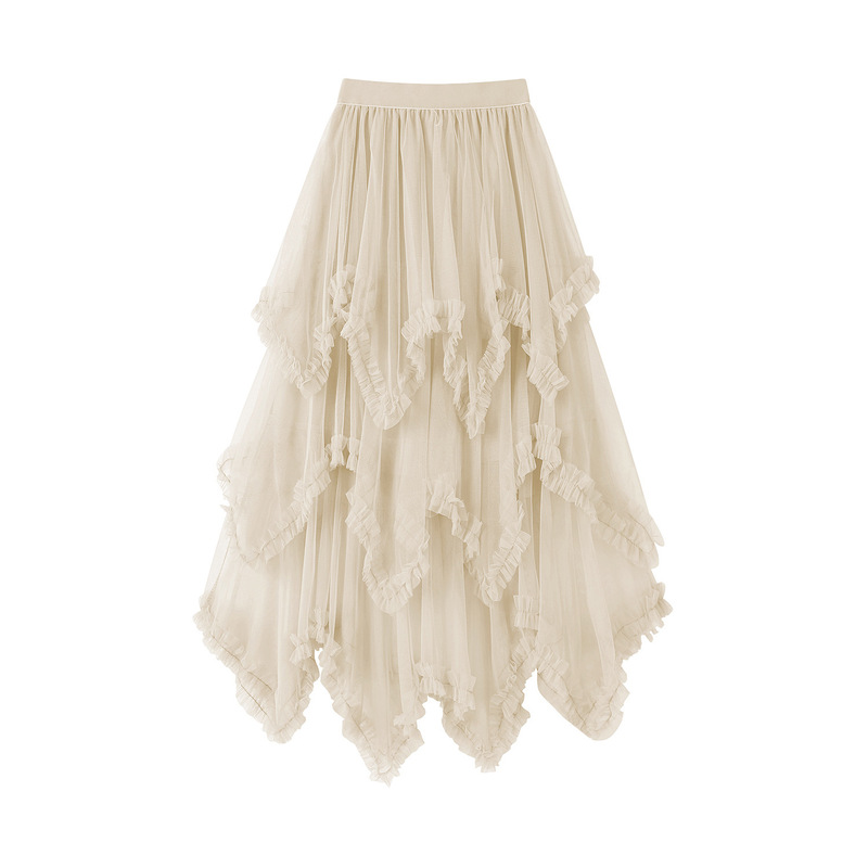 Carefully Selected Irregular Ruffled Mesh Cake Skirt, Mid-Length High-Waisted Large Flare Fairy Tulle Skirt