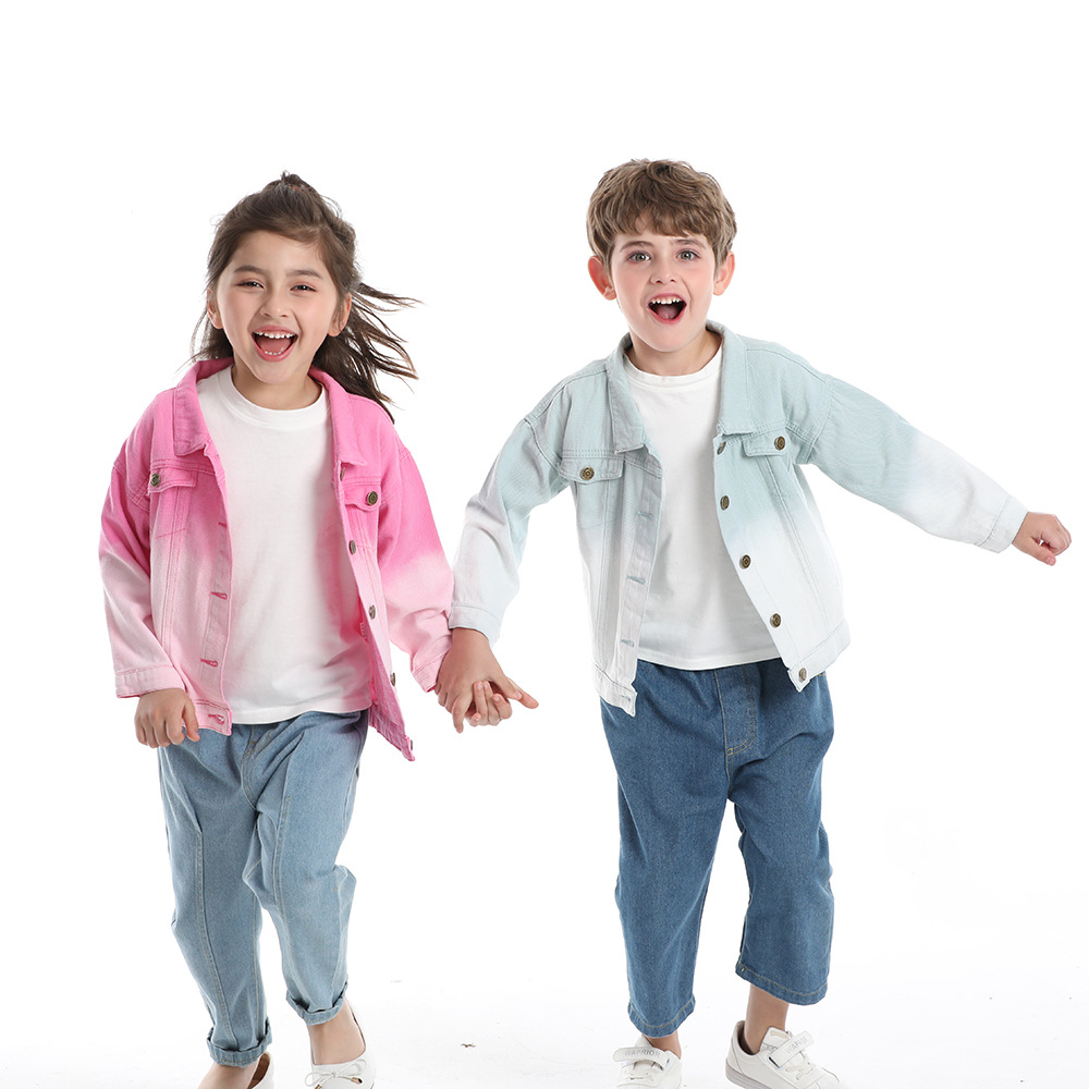 Chaqueta de mezclilla de color degradado para niños, moda de otoño transfronteriza, solapa de manga larga neutral, tops de todo fósforo al aire libre, moda europea y americana