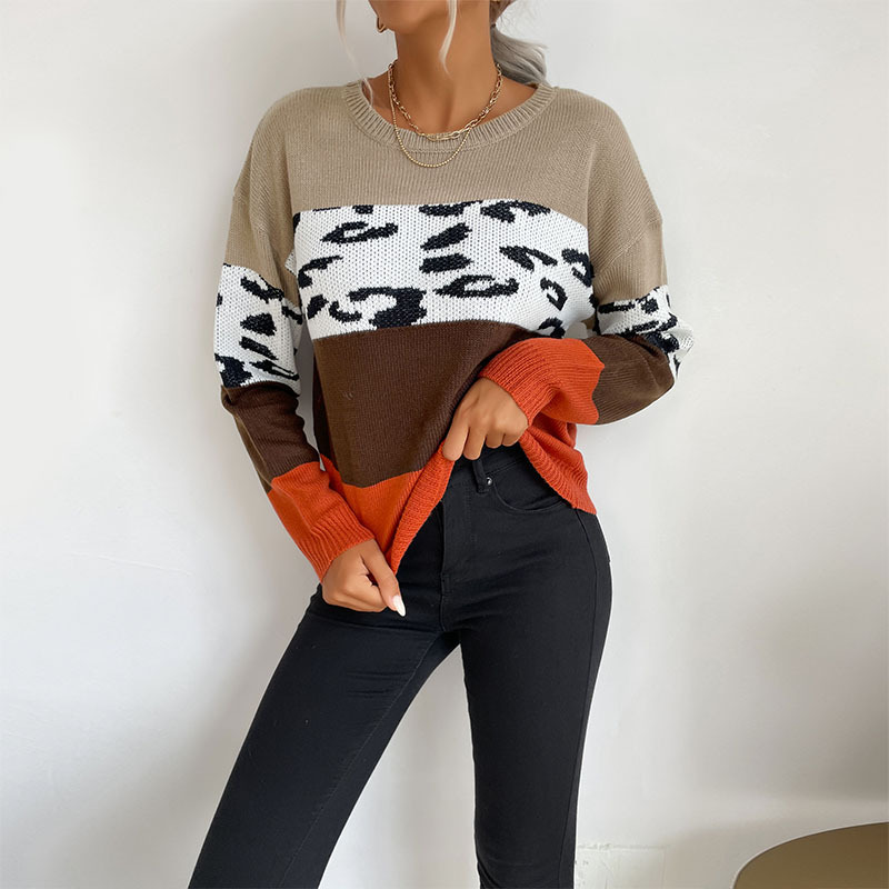 Leopard Print Color Matching Casual Tops Sweaters Pullovers_voghion.com