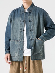 デニムのジャケットの男性の秋冬の中国風の紳士服の古風のゆったりしている大きいサイズの青年の中山は中国式の唐服を詰めます。