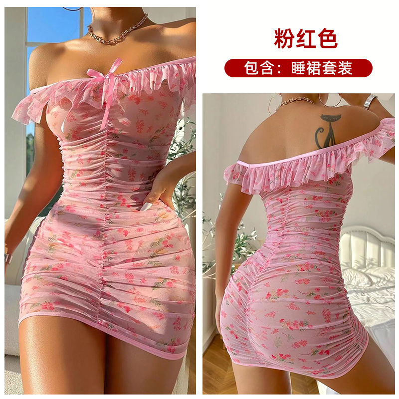 Europa y América nueva transparente flor sexy ropa interior transfronteriza Comercio exterior malla impresa plisada tentación pijamas camisón traje
