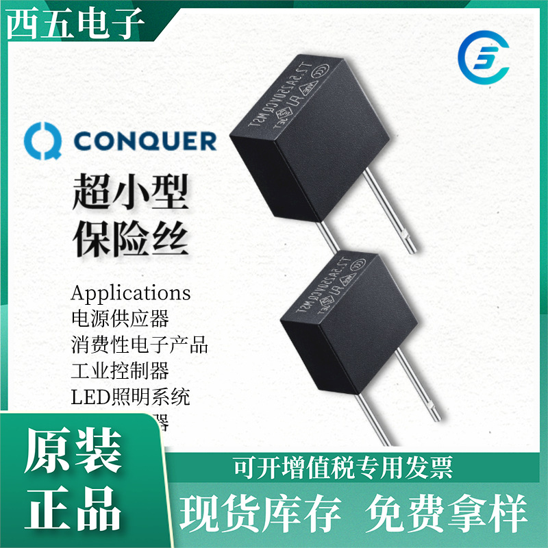 功得CONQUER插件保险丝 MST塑封黑色直插1A  250V方形保险丝 慢断