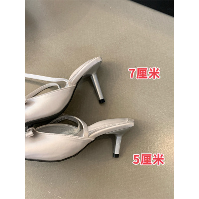 法式淑女细跟一字带凉拖鞋2025夏季蝴蝶结脚腕扣绊带露趾高跟鞋